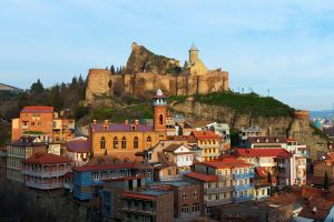 F5ED34 Old town and St. Nicholas church on top of Narikala Fortress, Tbilisi, Georgia, Caucasus, Central Asia, Asia